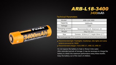 Nabíjateľná batéria Fenix 18650 3400mAh (Li-Ion)