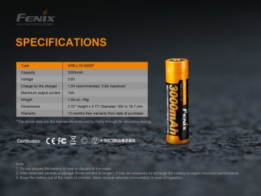 Vysokoprúdová batéria Fenix 18650 3000 mAh (Li-Ion)