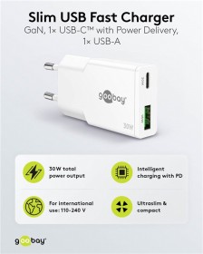 Síťový GaN adaptér USB-C + USB-A (30W)