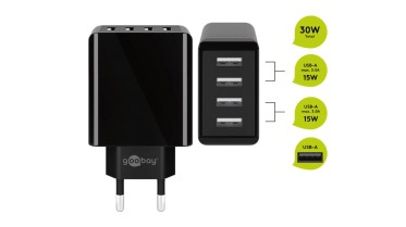 Štvorkanálový sieťový USB adaptér (celkom 6000 mA, 30W)